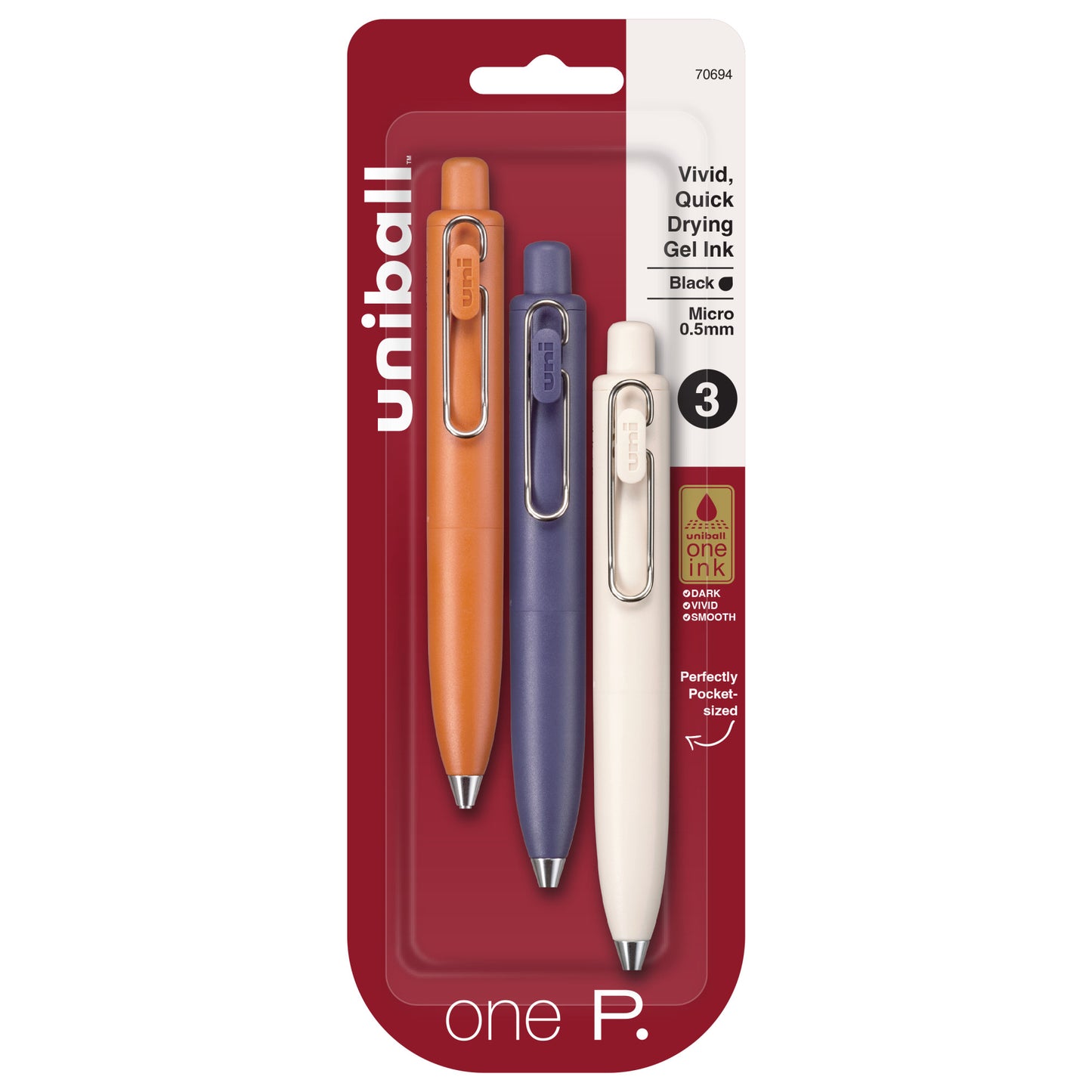 uniball™ one P Retractable Gel Pens, Micro Point (0.5mm), Mandarin, Grape, and Yogurt Barrels, Black Ink, 3 Pack