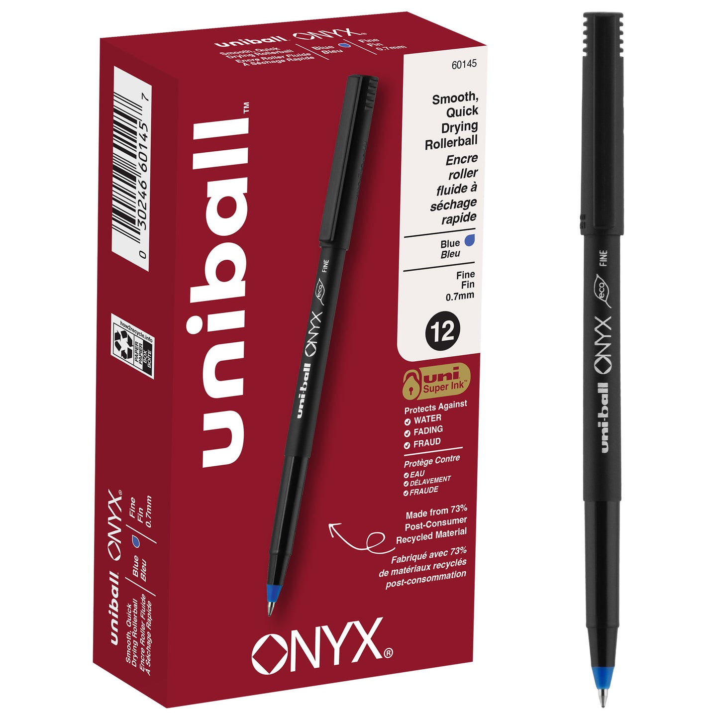 uniball™ Onyx Rollerball Pens, Fine Point (0.7mm), Blue Ink, 12 Pack