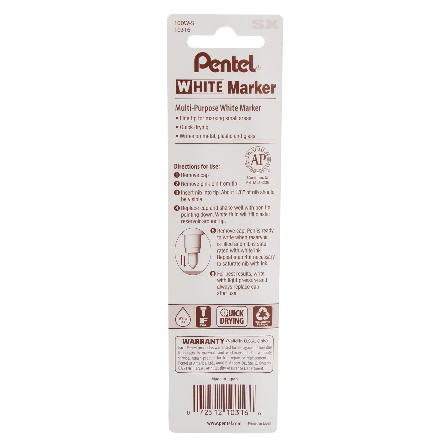 Pentel White Marker Permanent Ink Fine Point 1-Pk (100W-S), 240 Each