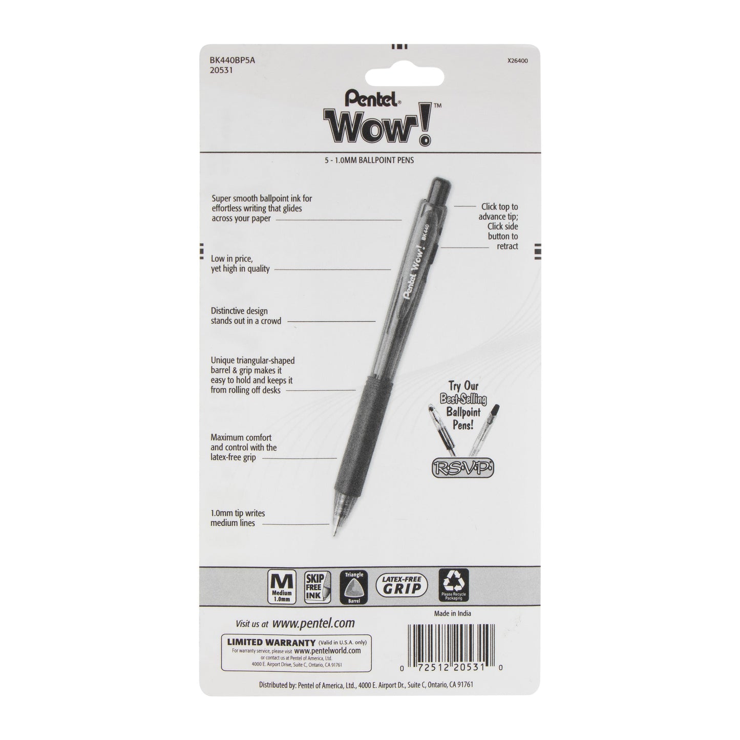 Wow! Retractable Ballpoint Pen, (1.0mm) Medium Line, NEW Ink, Black Ink 5-Pk (BK440BP5A)
