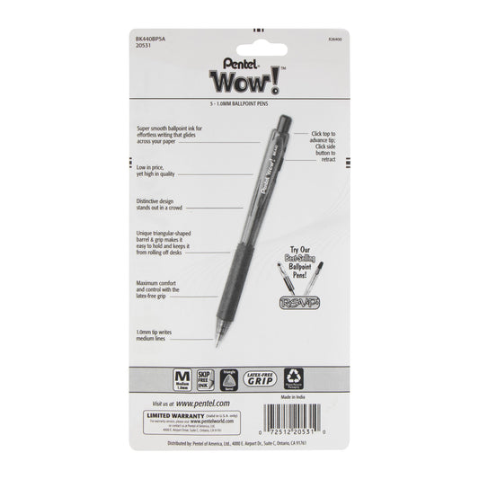 Wow! Retractable Ballpoint Pen, (1.0mm) Medium Line, NEW Ink, Black Ink 5-Pk (BK440BP5A)