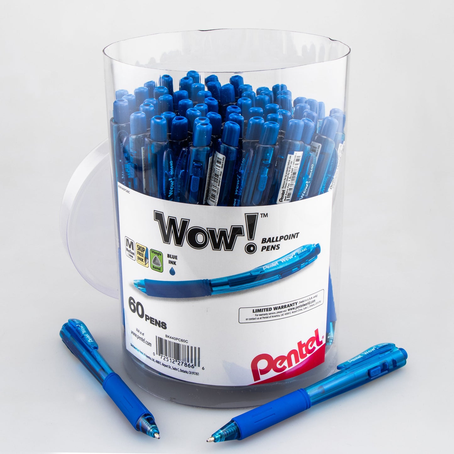 Pentel WOW! Ballpoint Pen, (1.0mm) Med. line, Blue Ink, 60-pk Canister (BK440PC60C), 3 Each