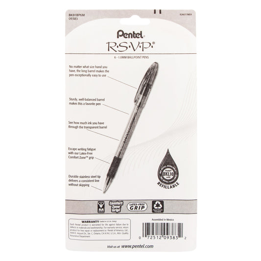 Pentel RSVP Ballpoint Pen, (1.0mm) Medium Line, Assorted Ink (A/B/C/D/P/V), 6-Pk (BK91BP6M)