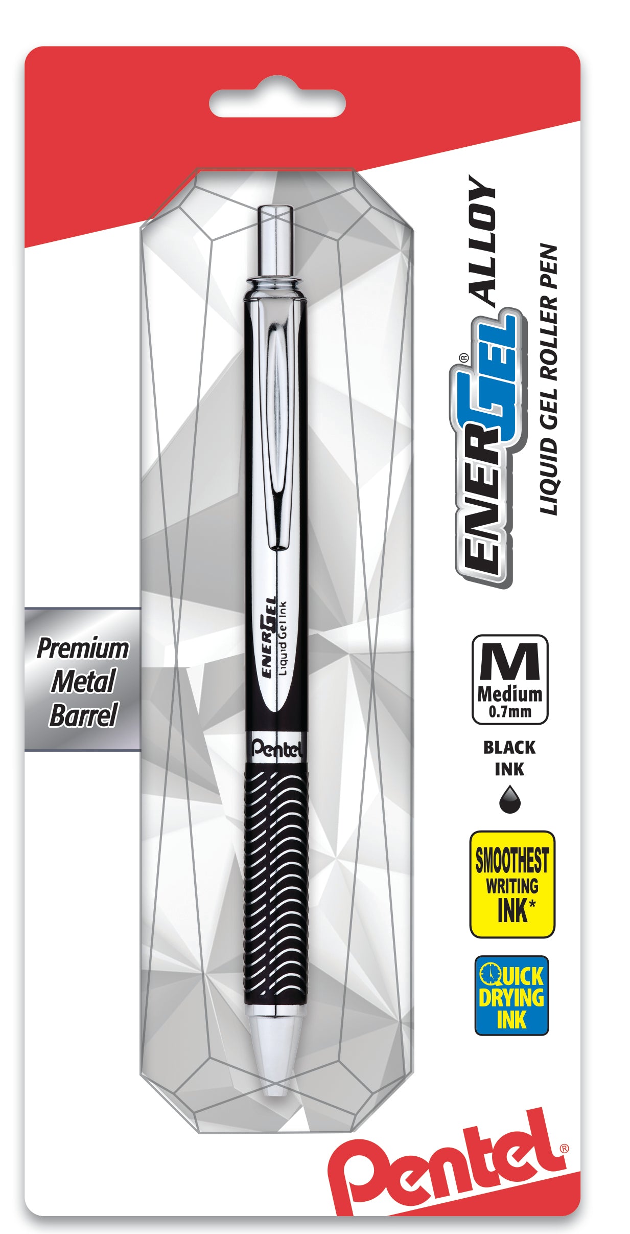 Pentel EnerGel Alloy Retractable Premium Liquid Gel Pen, (0.7mm) Silver Barrel, Black Ink 1-Pk (BL407BP), 72 Each