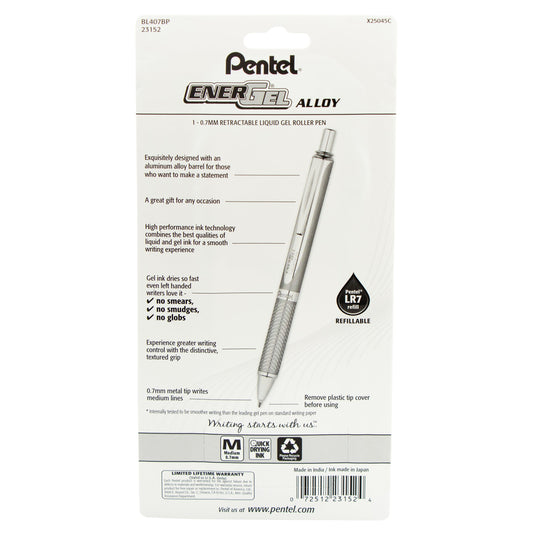 Pentel EnerGel Alloy Retractable Premium Liquid Gel Pen, (0.7mm) Silver Barrel, Black Ink 1-Pk (BL407BP)