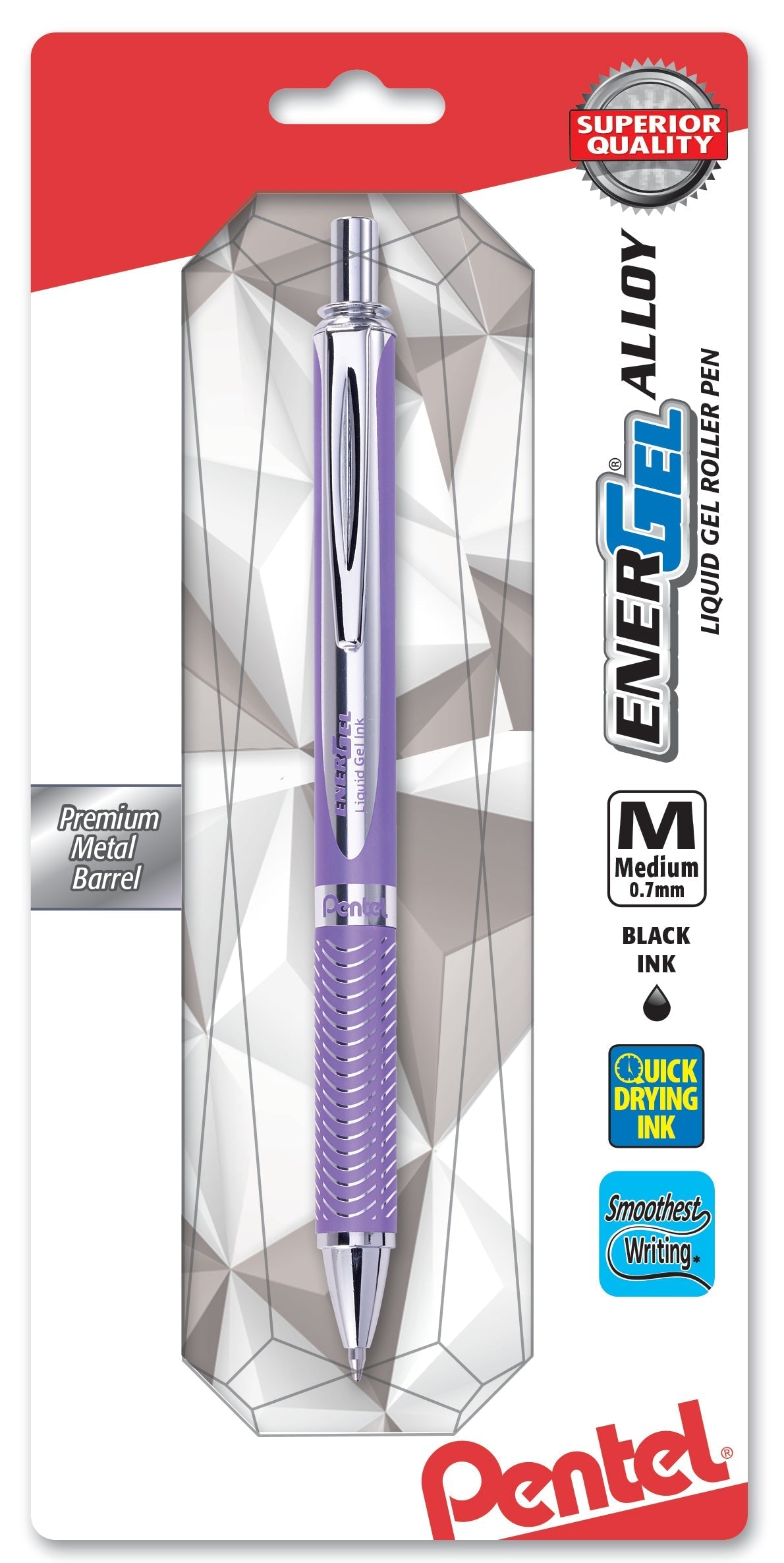 Pentel EnerGel Alloy Retractable Premium Liquid Gel Pen, (0.7mm) Metal Tip, Medium Line, Violet Barrel, Black Ink, 1-Pk (BL407VBPA), 72 Each