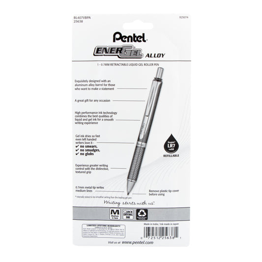 Pentel EnerGel Alloy Retractable Premium Liquid Gel Pen, (0.7mm) Metal Tip, Medium Line, Violet Barrel, Black Ink, 1-Pk (BL407VBPA), 72 Each