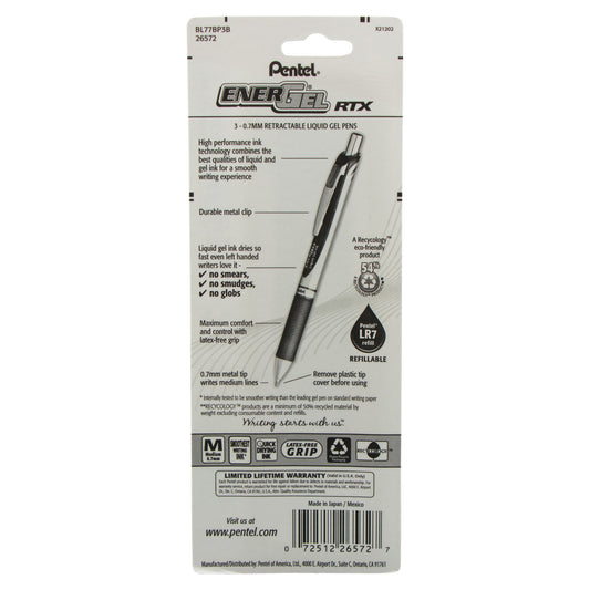 Pentel EnerGel RTX Retractable Liquid Gel Pen, (0.7mm) Metal Tip, Medium Line, Red Ink 3-Pk (BL77BP3B), 144 Each