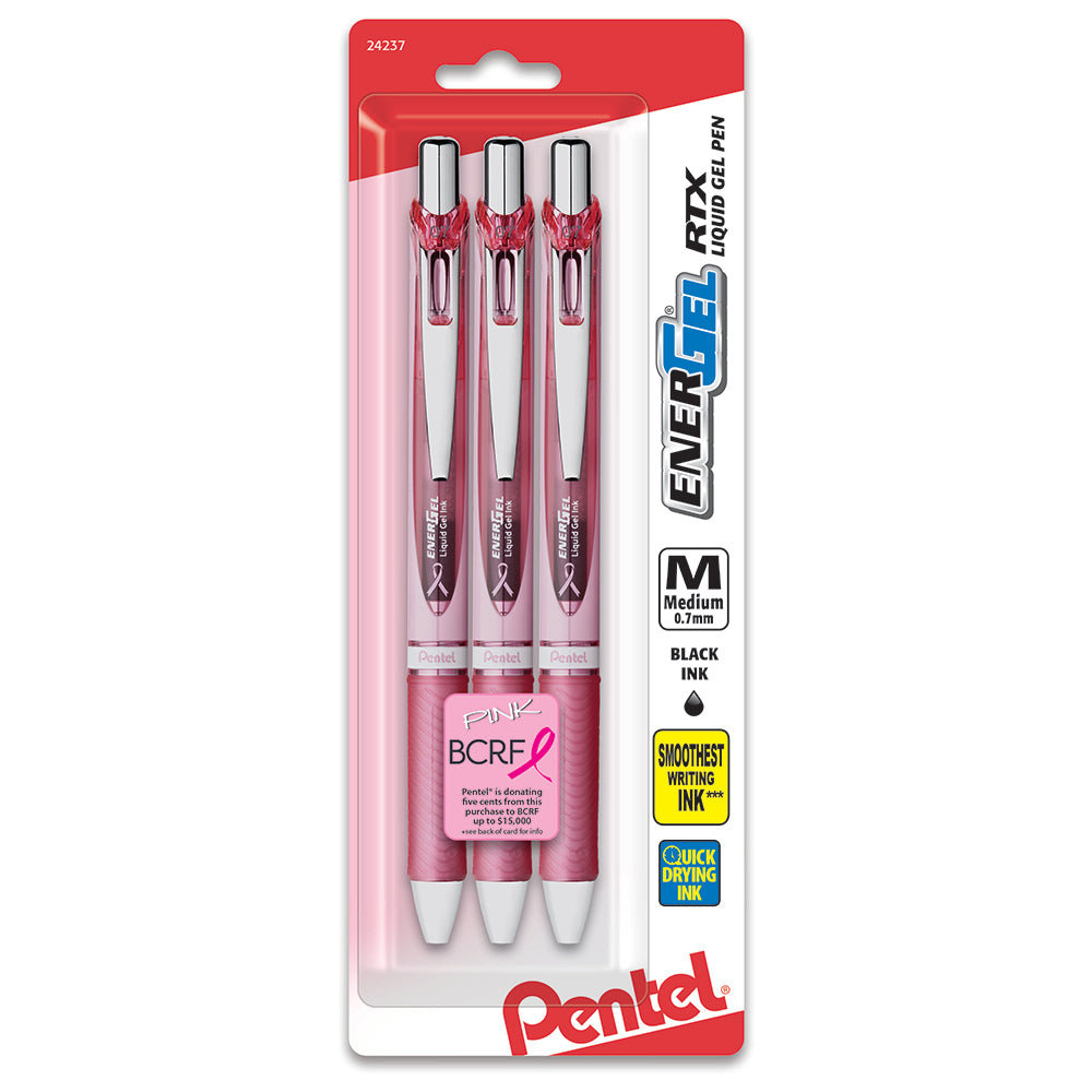 Pentel PINK BCA Ribbon EnerGel RTX Retractable Liquid Gel Pen, (0.7mm) Metal Tip, Medium Line,Pink Barrel, Black Ink, 3-Pk (BL77PBP3A-BC), 144 Each