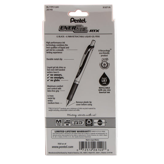 EnerGel RTX Retractable Liquid Gel Pen, (0.7mm) Metal Tip, Medium Line,0.7mm, Black Ink, 12-Pk Hanging Window Box (BL77PC12A1)