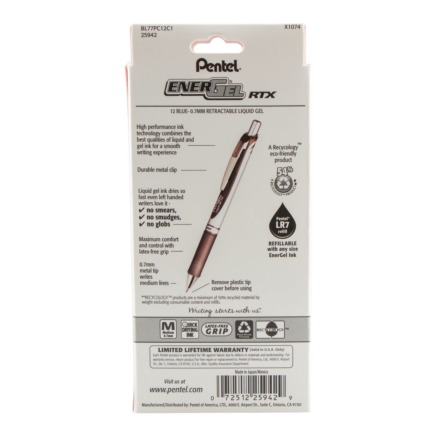 EnerGel RTX Retractable Liquid Gel Pen, (0.7mm) Metal Tip, Medium Line,0.7mm, Blue Ink, 12-Pk Hanging Window Box (BL77PC12C1)