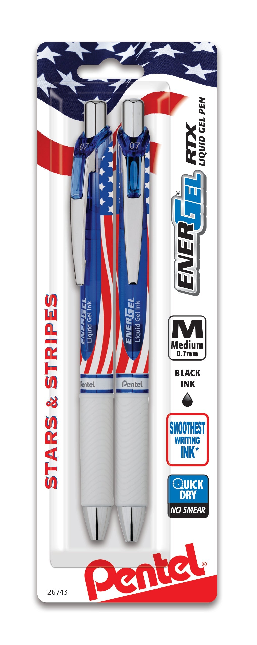 EnerGel RTX Retractable Liquid Gel Pen, Flag Barrel, (0.7mm) Metal Tip, Medium Line, Black Ink, 2-Pk (BL77USABP2A)