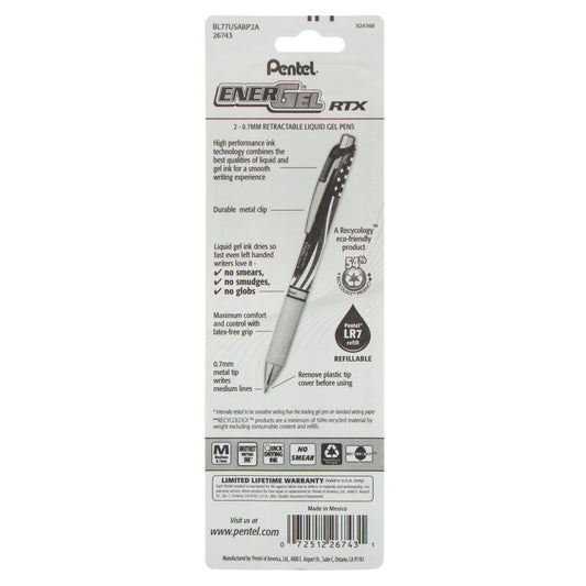 EnerGel RTX Retractable Liquid Gel Pen, Flag Barrel, (0.7mm) Metal Tip, Medium Line, Black Ink, 2-Pk (BL77USABP2A)