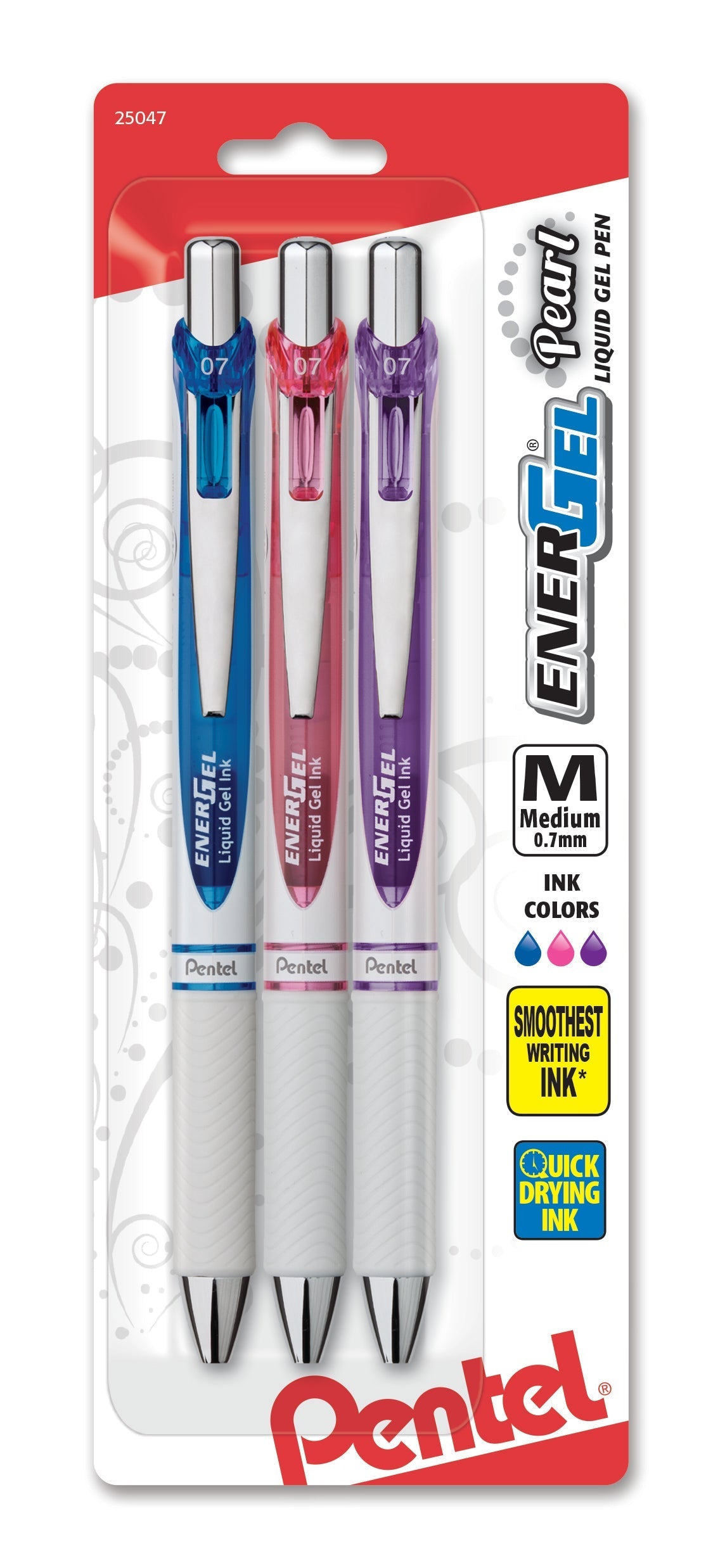 Pentel EnerGel Pearl Retractable Liquid Gel Pen, (0.7mm) Metal Tip, Medium Line,, Assorted Ink (C/P/V), 3-Pk (BL77WBP3M1), 144 Each