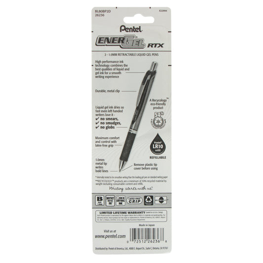 Pentel EnerGel RTX Retractable Liquid Gel Pen, (1.0mm) Metal Tip, Bold Line, Green Ink 2-Pk (BL80BP2D), 144 Each
