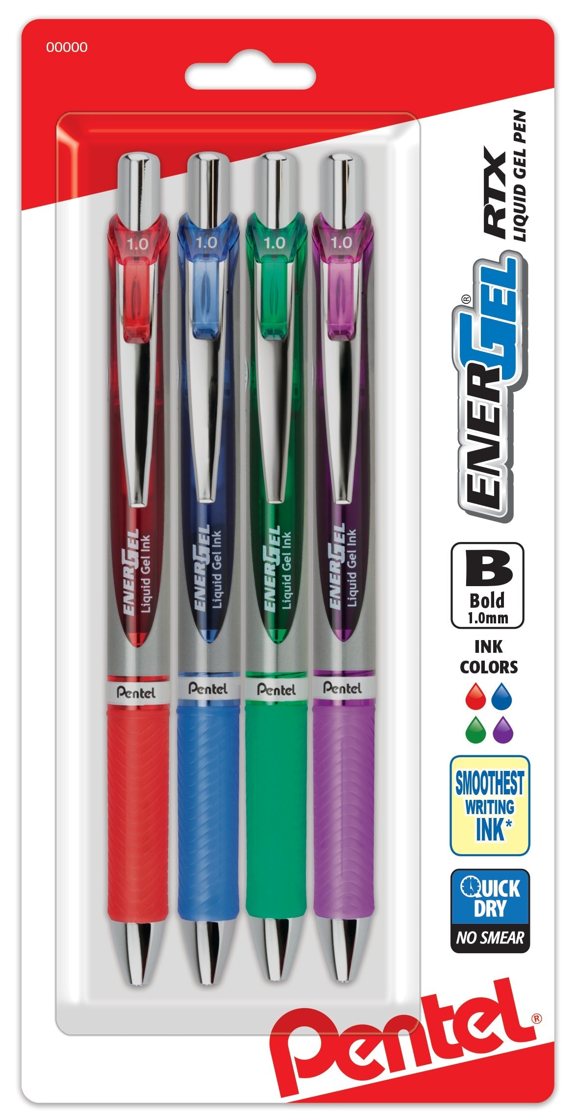 Pentel EnerGel RTX Retractable Liquid Gel Pen, (1.0mm) Metal Tip, Bold Line, Assorted Ink (B/C/D/V) 4-Pk (BL80BP4M1), 144 Each