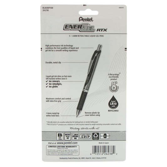 Pentel EnerGel RTX Retractable Liquid Gel Pen, (1.0mm) Metal Tip, Bold Line, Asstd Ink (A/B/C/D/V) 5-Pk (BL80BP5M)