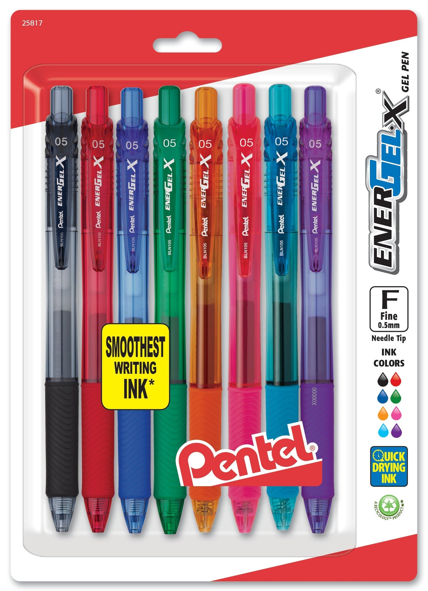 Pentel EnerGel-X Retractable Liquid Gel Pen, (0.5mm) Needle Tip, Fine Line, Assorted Ink (A/B/C/D/F/P/S/V) 8-Pk (BLN105BP8M), 72 Each