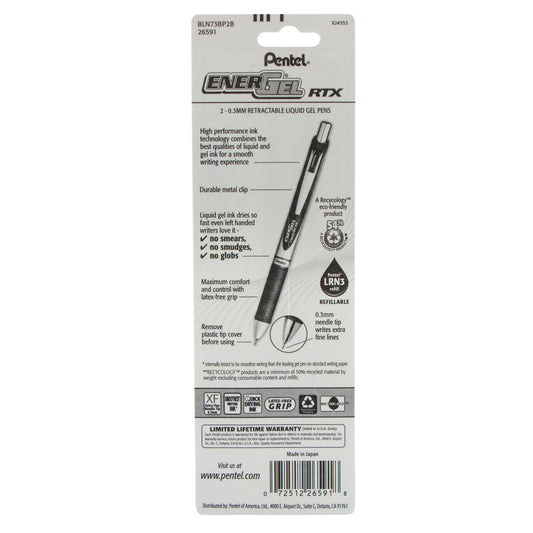 Pentel EnerGel RTX Retractable Liquid Gel Pen, (0.3mm) Needle Tip, Extra Fine Line, Red Ink, 2-Pk (BLN73BP2B)
