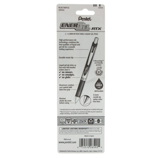 Pentel EnerGel RTX Retractable Liquid Gel Pen, (0.3mm) Needle Tip, Extra Fine Line, Blue Ink, 2-Pk (BLN73BP2C)