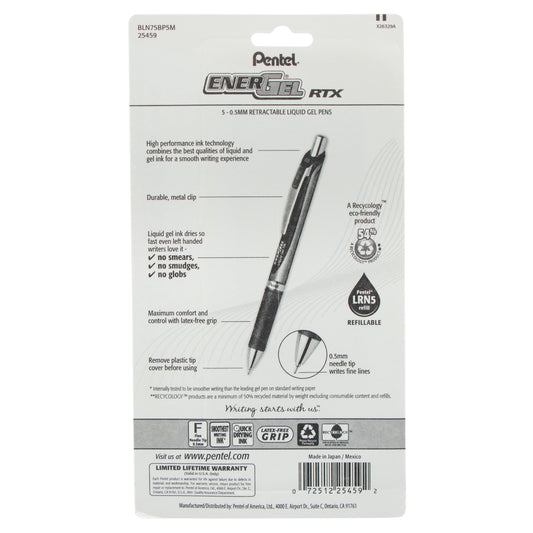 Pentel EnerGel RTX Retractable Liquid Gel Pen, (0.5mm) Needle Tip, Fine Line, Assorted Ink (A/B/C/D/V) 5-Pk (BLN75BP5M)