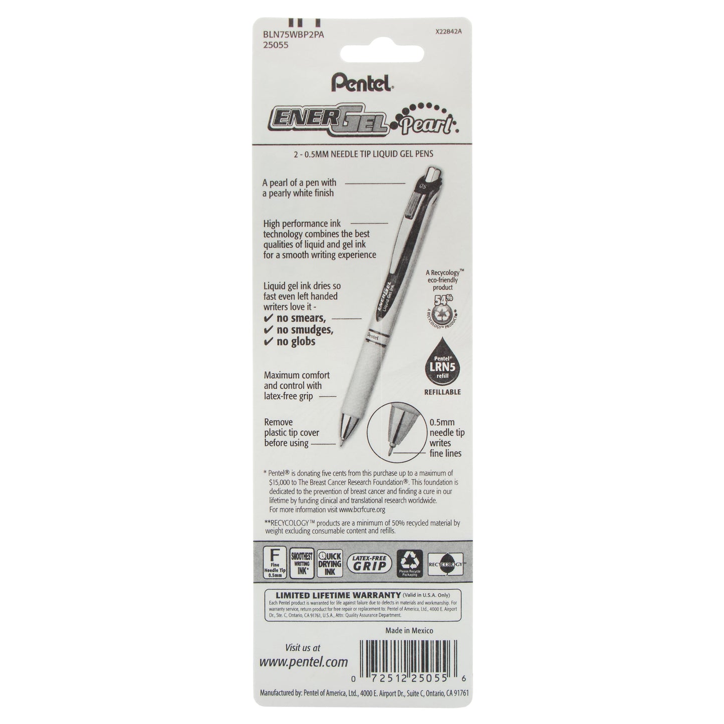 PINK BCA EnerGel Pearl Retractable (0.5mm) Needle Tip, Fine Line, Pink Accent, Black Ink 2-Pk (BLN75WBP2PA)