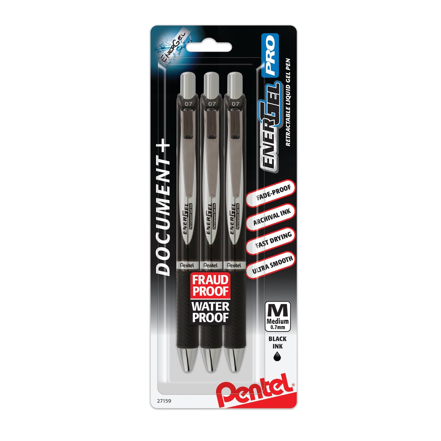 Pentel EnerGel PRO Permanent Gel Pen, (0.7mm) Medium Line, Black Ink, 3-Pk (BLP77BP3A)