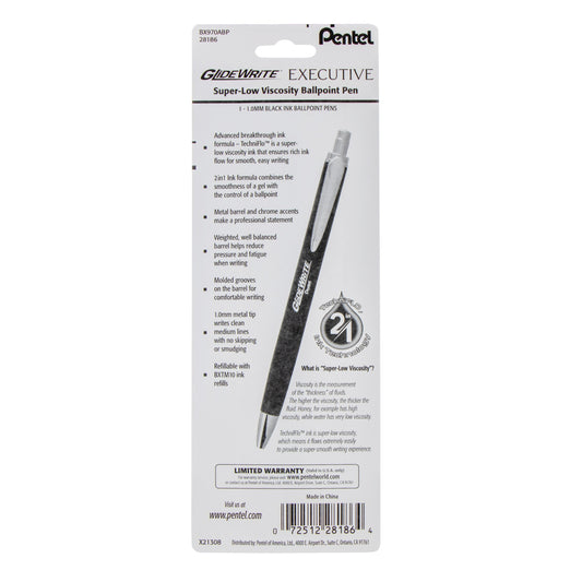 Pentel GlideWrite Executive Ballpoint Pen, (1.0mm) medium, black metal barrel, Black Ink, 1-pk (BX970ABP), 72 Each