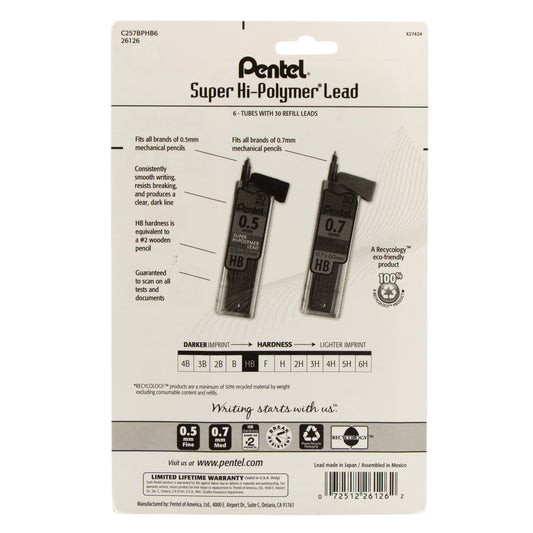 Pentel Super Hi-Polymer Lead Refill (0.5/0.7mm) Fine/Medium, HB, 30 pcs/Tube 6-Pk (C257BPHB6), 72 Each