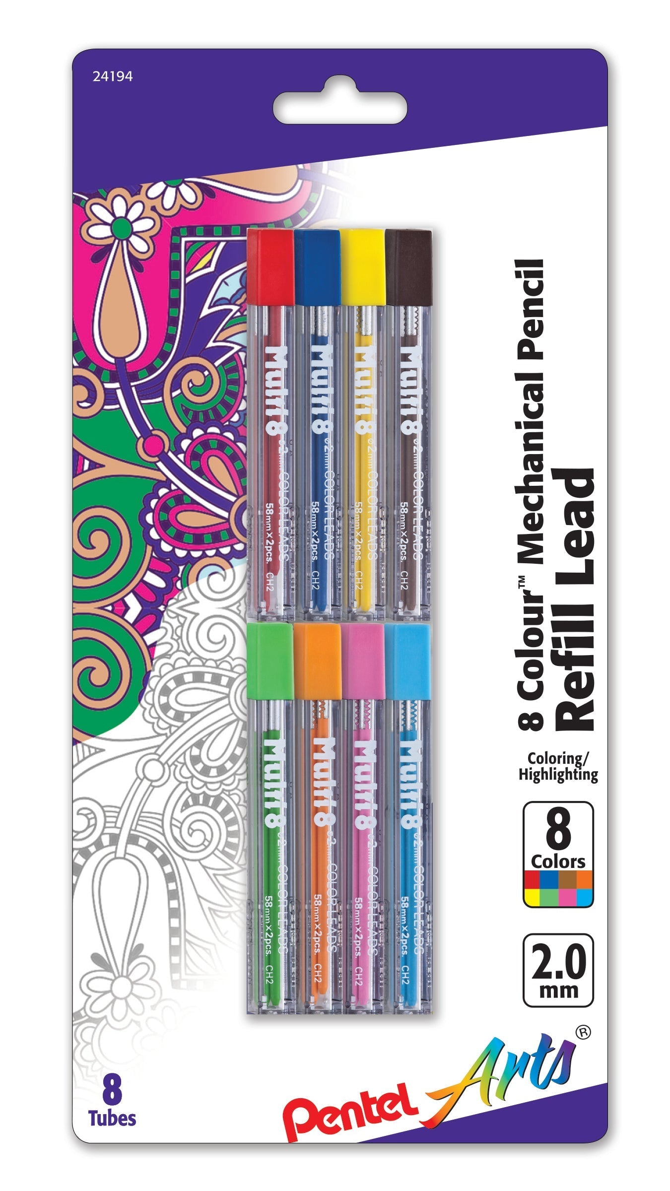 Pentel Arts 8 Colour Pencil Lead Refill (2.0mm), Assorted Colors (BCEGFKPS) 8-Pk (CH2BP8M), 144 Each