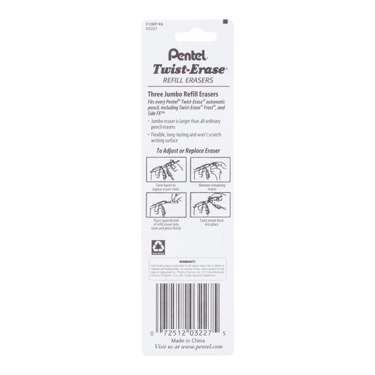 Refill Eraser For Pentel Twist-Erase Series Pencils 3 pcs/Box 1-Pk (E10BP-K6)
