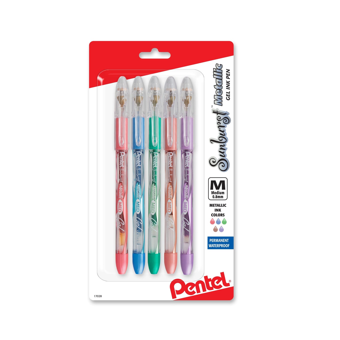 Pentel Sunburst Metallic Gel Pen, Medium Line, Permanent, Assorted Ink (MB/MC/MD/ME/MV) 5-Pk (K908MBP5M1), 72 Each