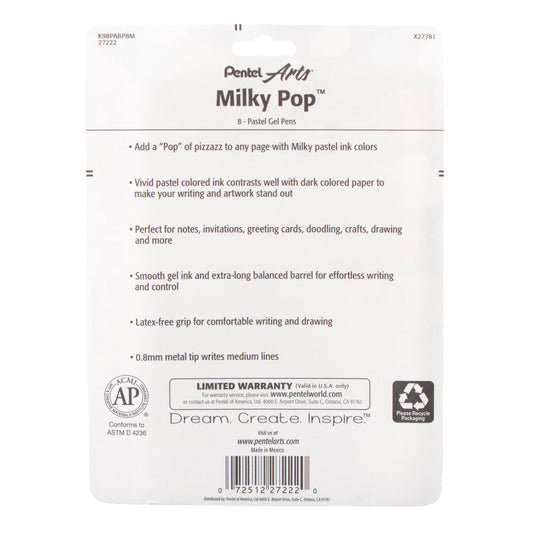 Pentel Arts Milky Pop Pastel Gel Pen, (0.8mm) Medium Line, Assorted Ink (F/G/K/P/S/V/2W), 8-Pk (K98PABP8M)