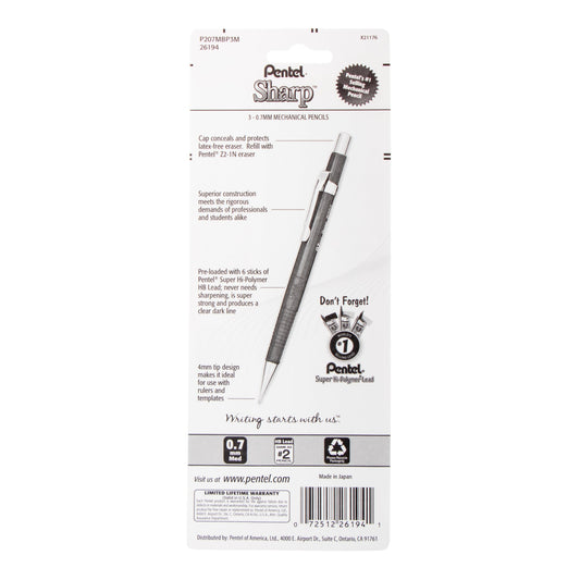 Pentel Sharp Mechanical Pencil (0.7mm) Metallic Barrels, Assorted Colors (Z/MS/MK1), 3-Pk (P207MBP3M), 144 Each