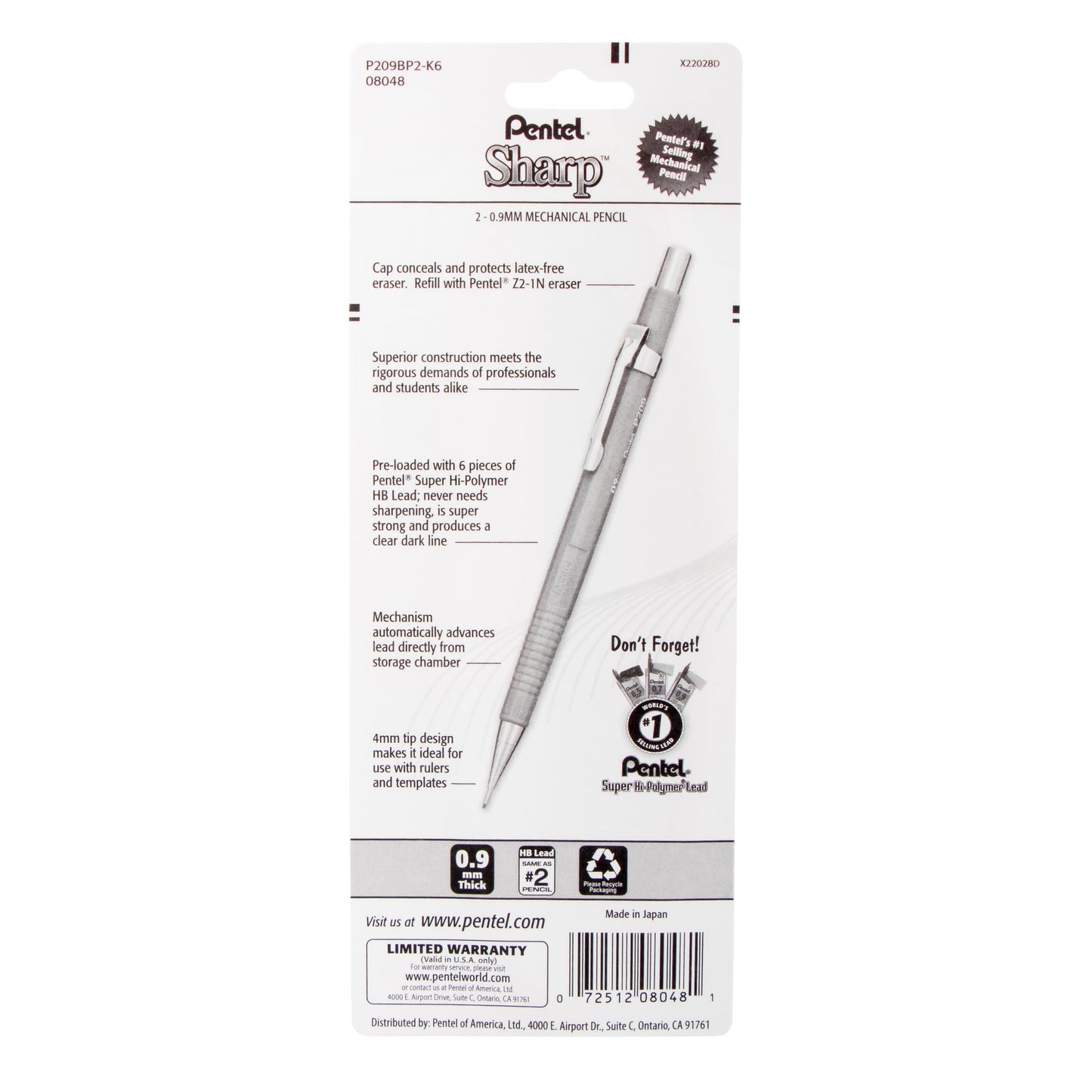 Pentel Sharp Mechanical Pencil (0.9mm) 2-Pk (P209BP2-K6)