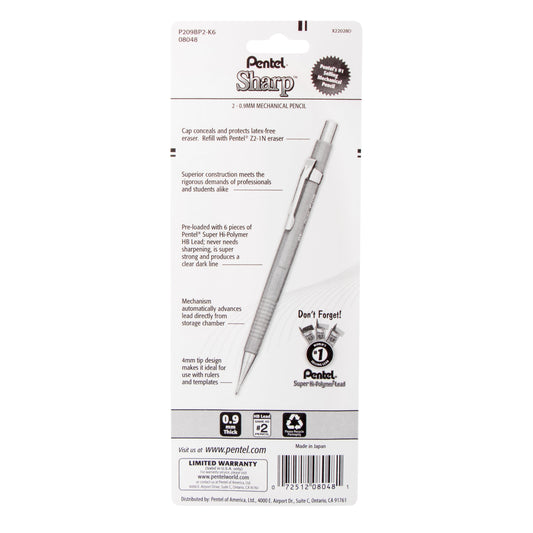 Pentel Sharp Mechanical Pencil (0.9mm) 2-Pk (P209BP2-K6)