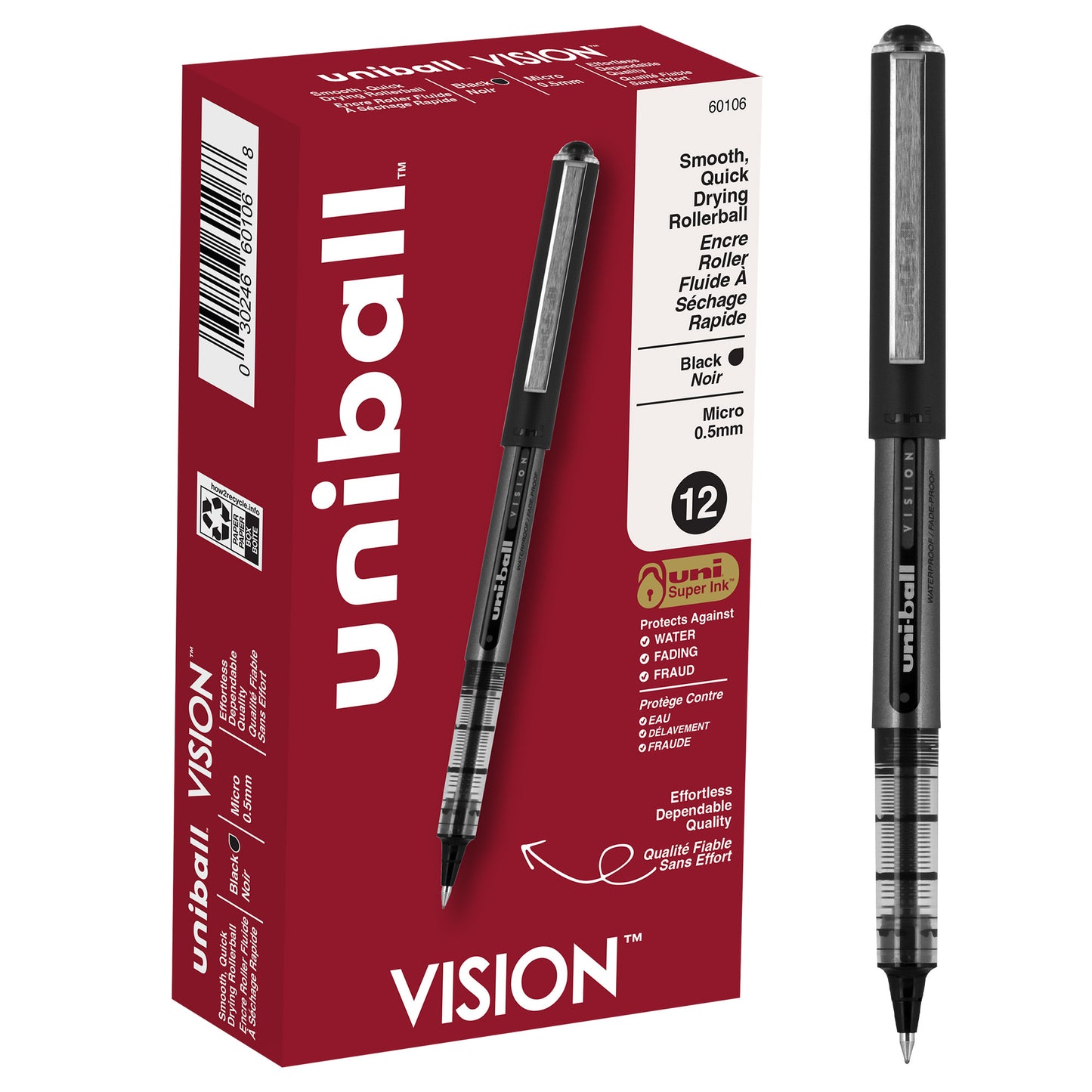 uniball™ Vision Rollerball Pens, Micro Point (0.5mm), Black, 12 Pack