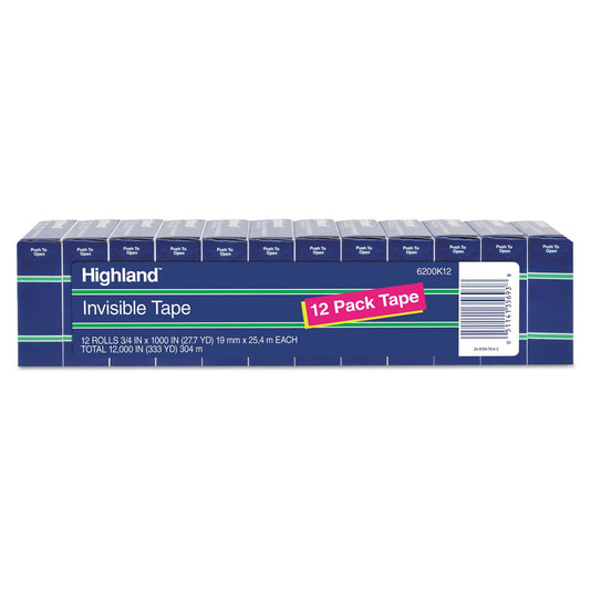 Highland™ Invisible Tape 6200K12, 3/4 in x 1000 in (19 mm x 25,4 m), 12 Pack