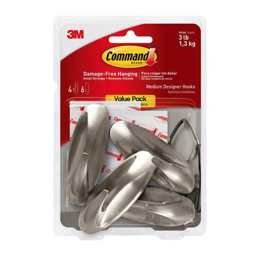 Command™ Medium Metallic Designer Hooks 17081BN-4ES, Value Pack, 4 Hooks, 6 Strips
