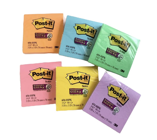 Post-it® Super Sticky Notes 654-SSPK, Assorted Colors, 3 in x 3 in (76 mm x 76 mm), 100% PEFC, SGSCH-PEFC-COC-110078