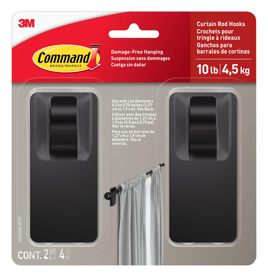 Command™ Matte Black Curtain Rod Hooks 17654MB-2ESF, 2 hooks, 4 strips