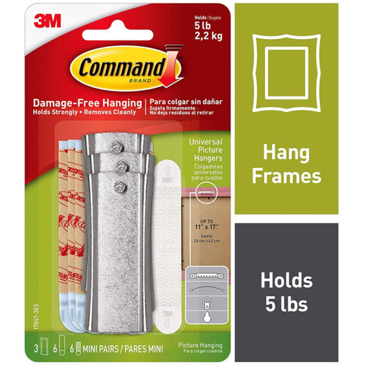 Command™ Universal Picture Hangers, 3 hangers, 6 strips, 6 stabilizer pairs, 17047-3ES