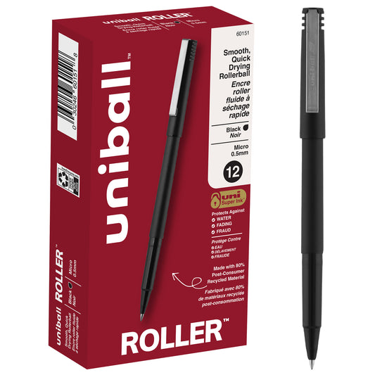 uniball™ Roller Rollerball Pens, Micro Point (0.5mm), Black, 12 Pack