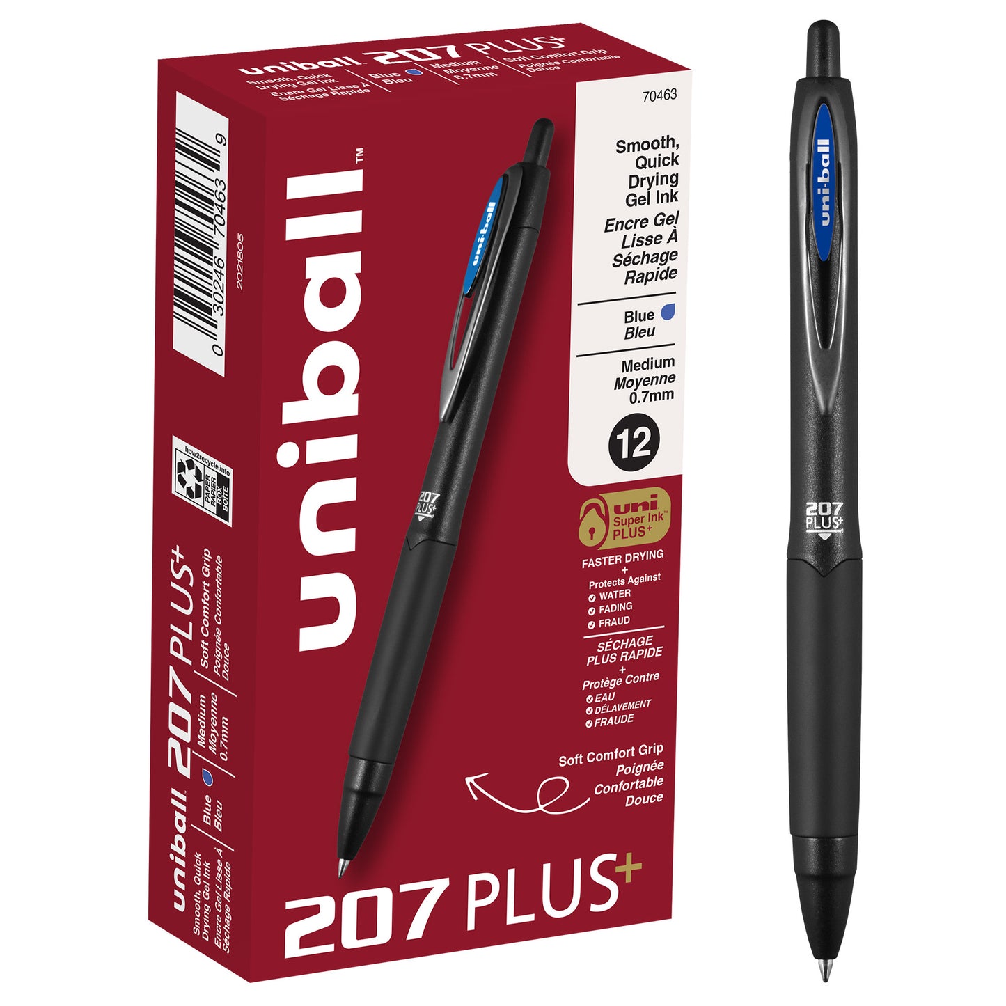 uniball™ 207 Plus+ Retractable Gel Pens, Medium Point (0.7mm), Blue, 12 Pack