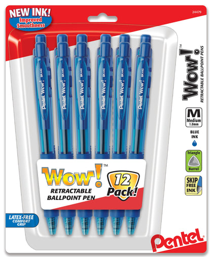 Wow! Retractable Ballpoint Pen, (1.0mm) Medium Line, NEW Ink, Blue Ink 12-Pk (BK440BP12C)