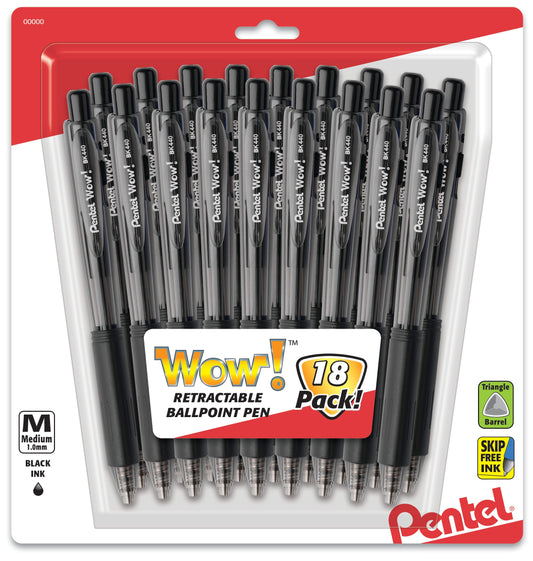 Wow! Retractable Ballpoint Pen, (1.0mm) Medium Line, NEW Ink, Black Ink 18-Pk (BK440BP18A)