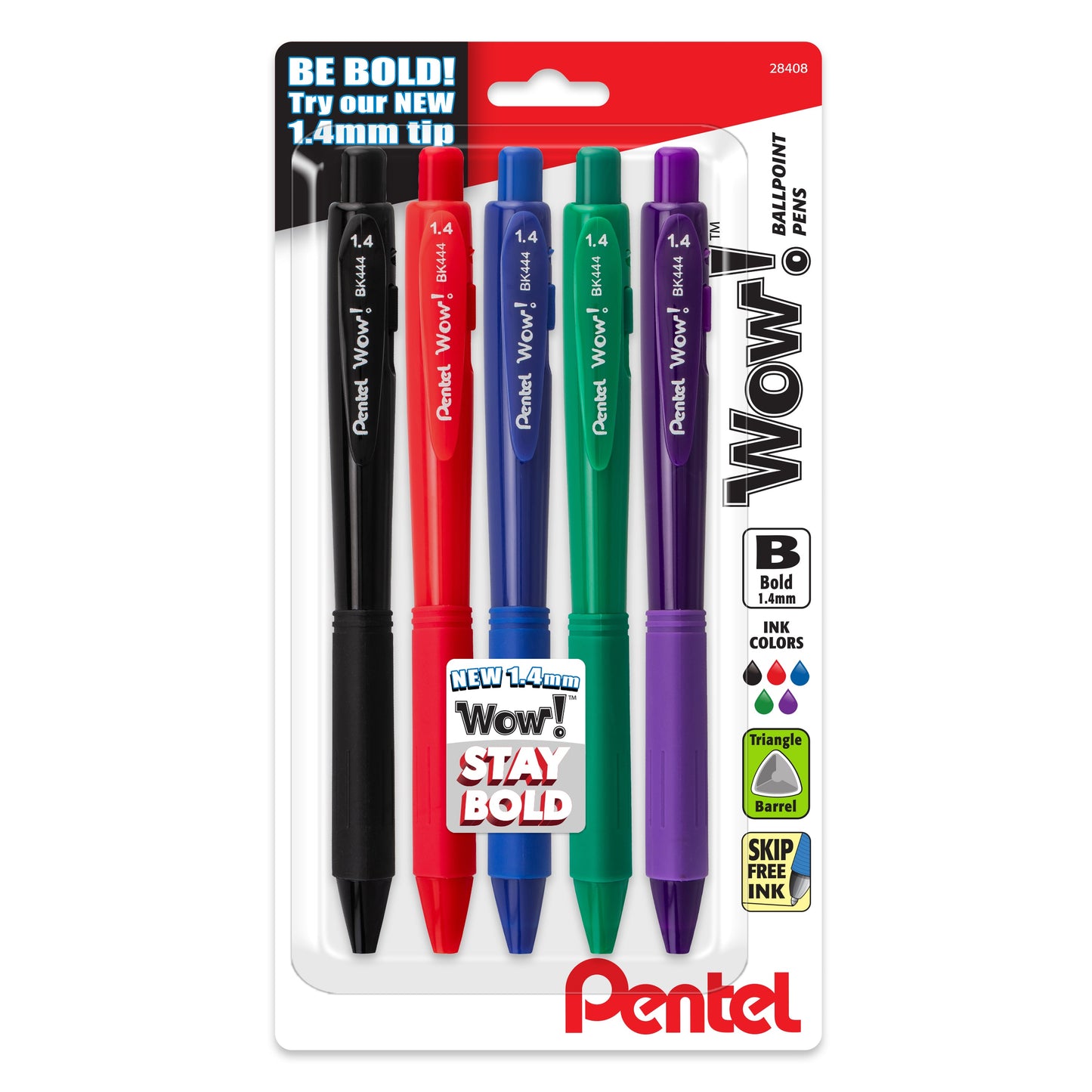 Wow! Retractable Ballpoint Pen, (1.4mm) Bold Line, Assorted Ink (A,C,B,D,V) , 5-pk (BK444BP5M)