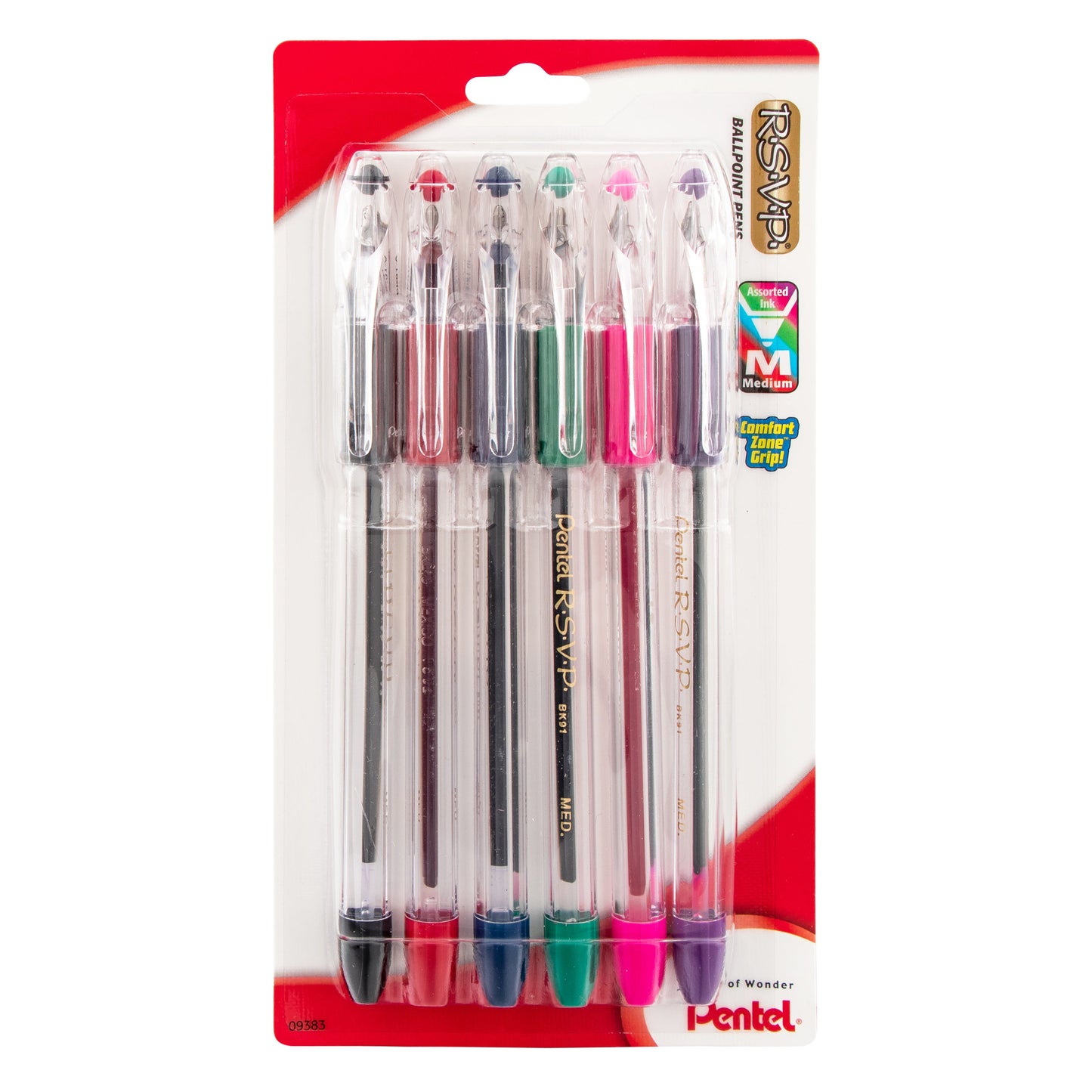 RSVP Ballpoint Pen, (1.0mm) Medium Line, Assorted Ink (A/B/C/D/P/V), 6-Pk (BK91BP6M)