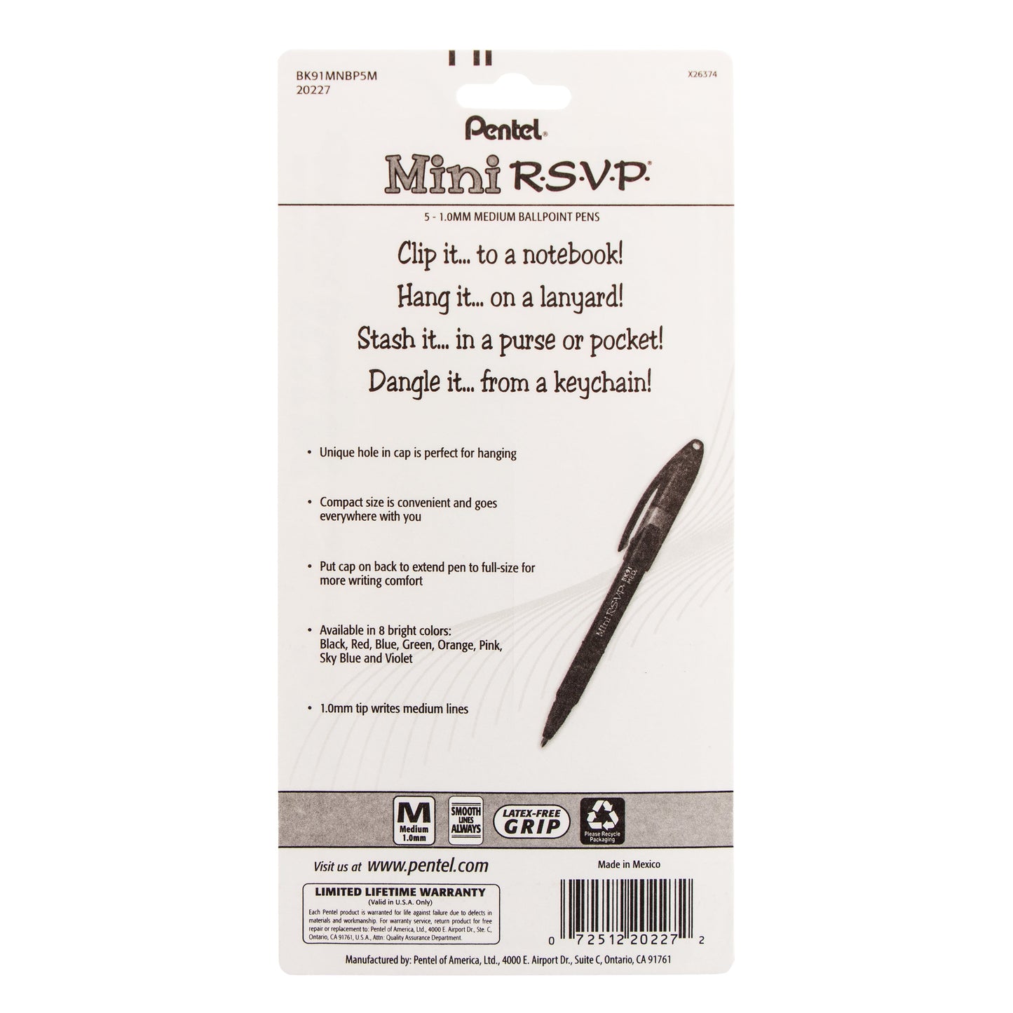 RSVP Mini Ballpoint Pen, (1.0mm) Medium Line, Assorted Ink (A/B/C/D/V) w/ Key Ring,  5-Pk (BK91MNBP5M)