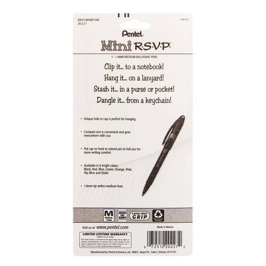 RSVP Mini Ballpoint Pen, (1.0mm) Medium Line, Assorted Ink (A/B/C/D/V) w/ Key Ring,  5-Pk (BK91MNBP5M)